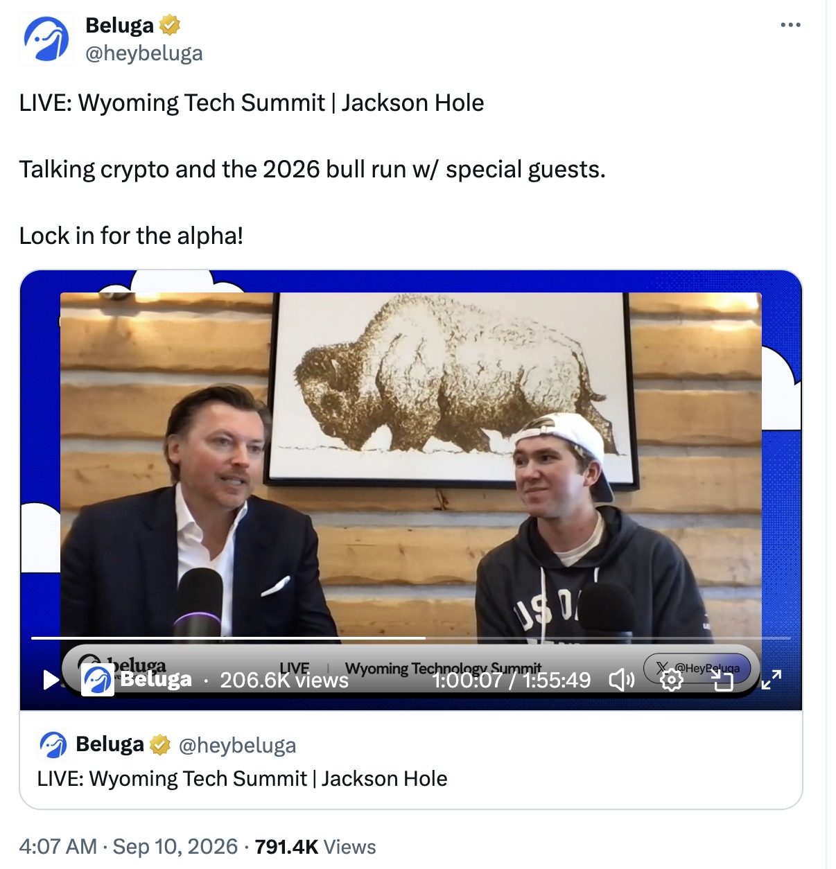 Beluga (@heybeluga) post on X of the live Wyoming Tech Summit podcast with Monty Metzger of Toto Finance, showing nearly 800,000 views