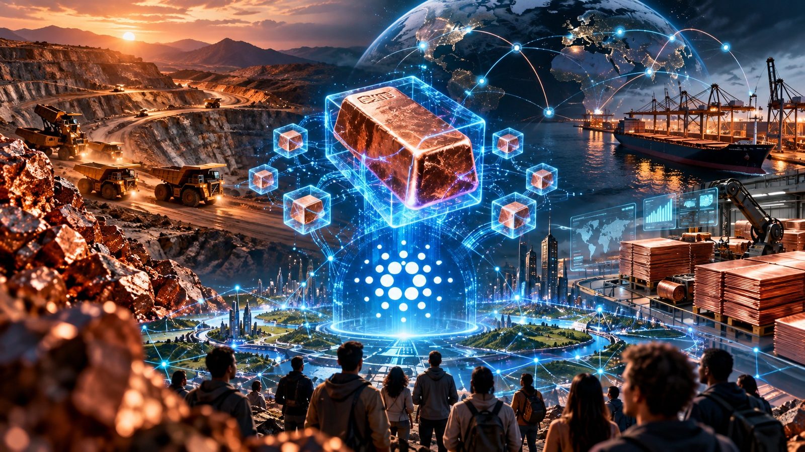 Illustration of the Cardano Strategic Copper Reserve: a tokenized copper cathode above the Cardano logo, connecting a copper mine, global shipping and refined copper for industry