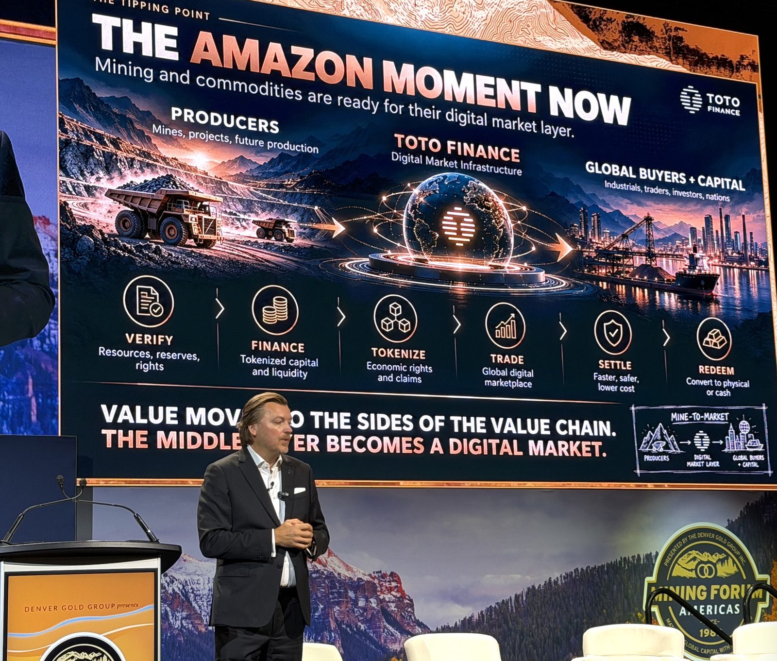 Monty Metzger on stage at Mining Forum Americas 2026 in front of the slide The Amazon Moment Now: mining and commodities are ready for their digital market layer