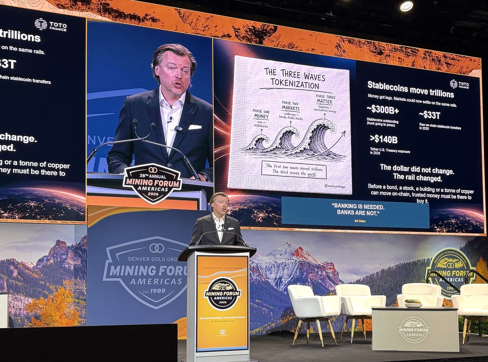 Monty Metzger explaining that stablecoins move trillions, with The Three Waves of Tokenization slide, at Mining Forum Americas 2026