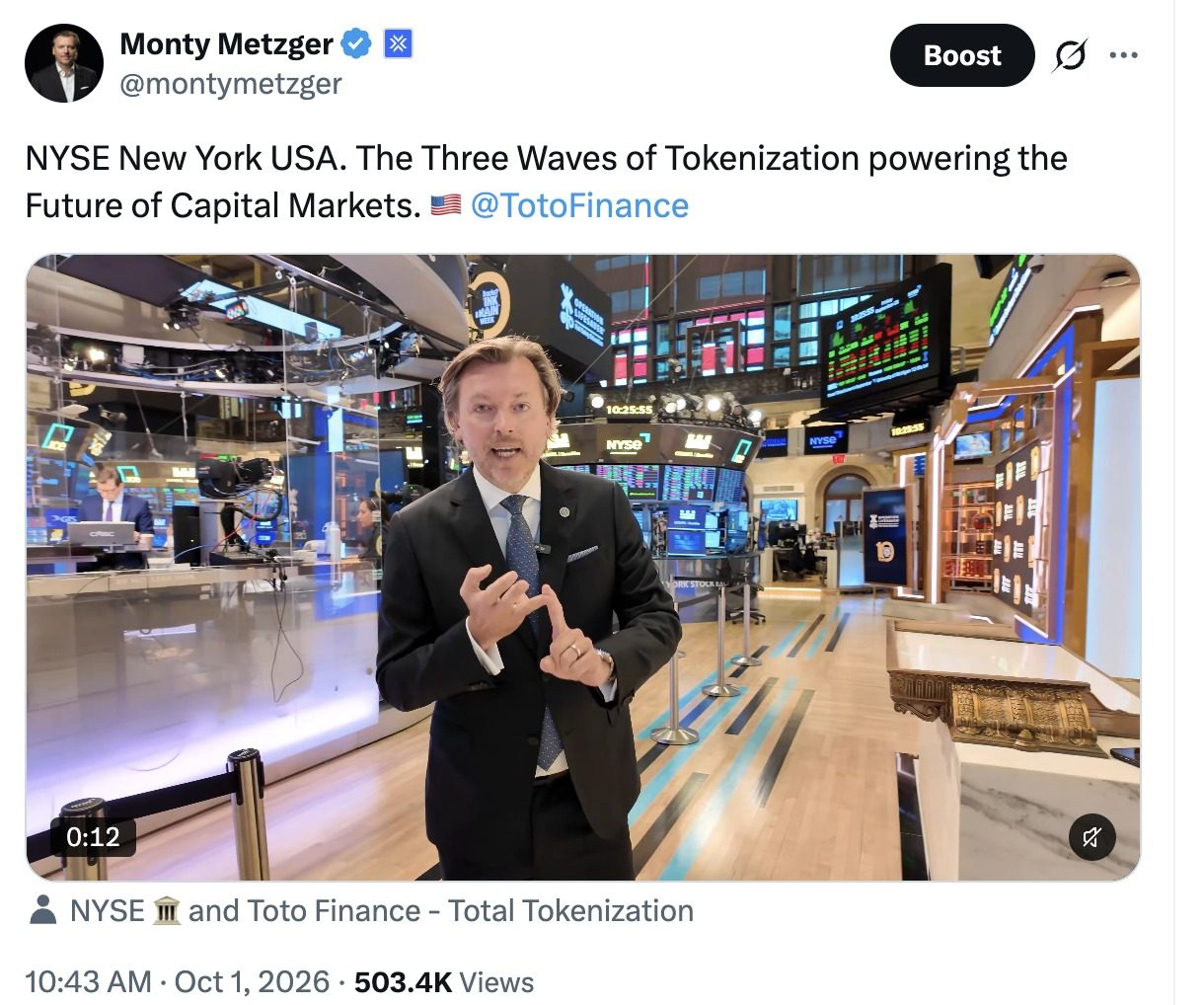 Monty Metzger speaking on the New York Stock Exchange trading floor about the Three Waves of Tokenization, in a post on X with over 500,000 views