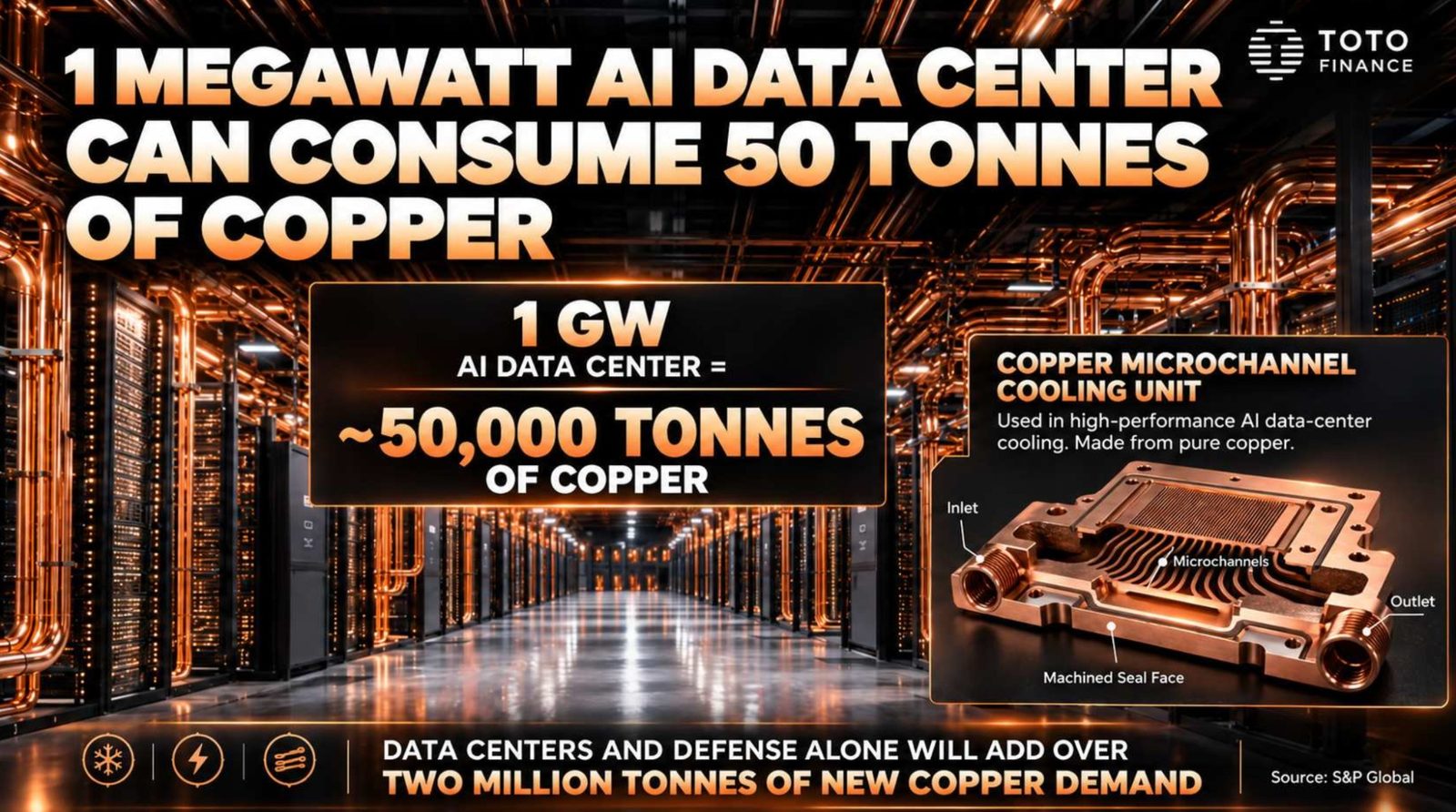 Toto Finance keynote slide: a 1 megawatt AI data center can consume 50 tonnes of copper, so a 1 gigawatt campus implies about 50,000 tonnes