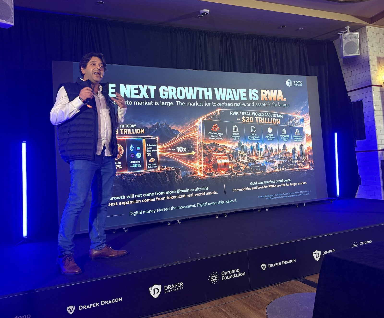 Steven Gaertner, CEO of Toto Finance, on stage at the Draper-backed UTXO Pitch Night in Singapore presenting the slide The Next Growth Wave Is RWA