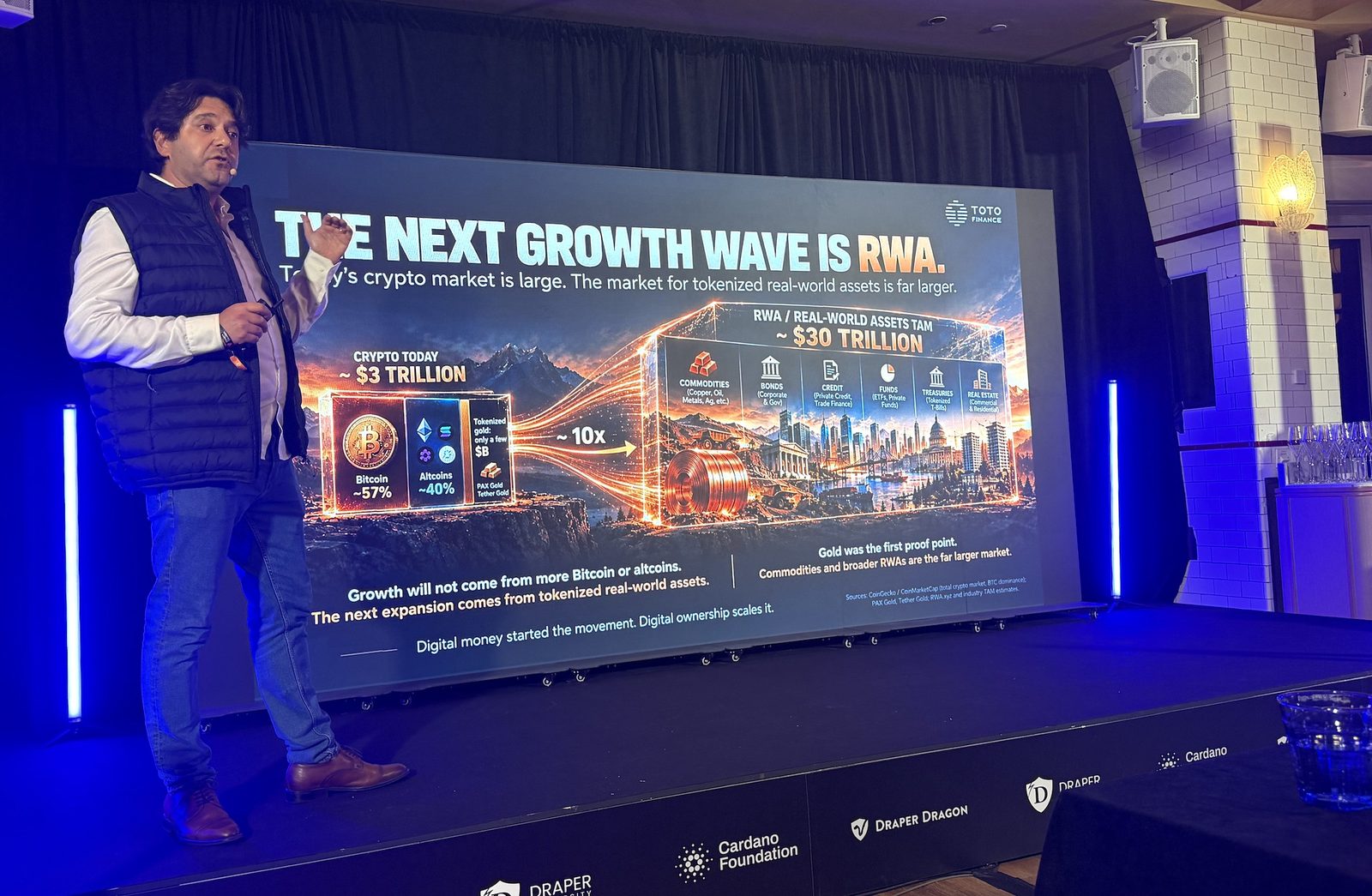 Steven Gaertner, CEO of Toto Finance, presenting the slide The Next Growth Wave Is RWA at the Draper-backed pitch night during TOKEN2049 Singapore 2026