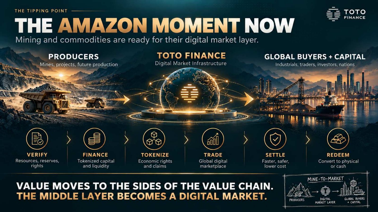 Toto Finance TOKEN2049 slide: the Amazon moment now, mining and commodities are ready for their digital market layer connecting producers with global buyers and capital