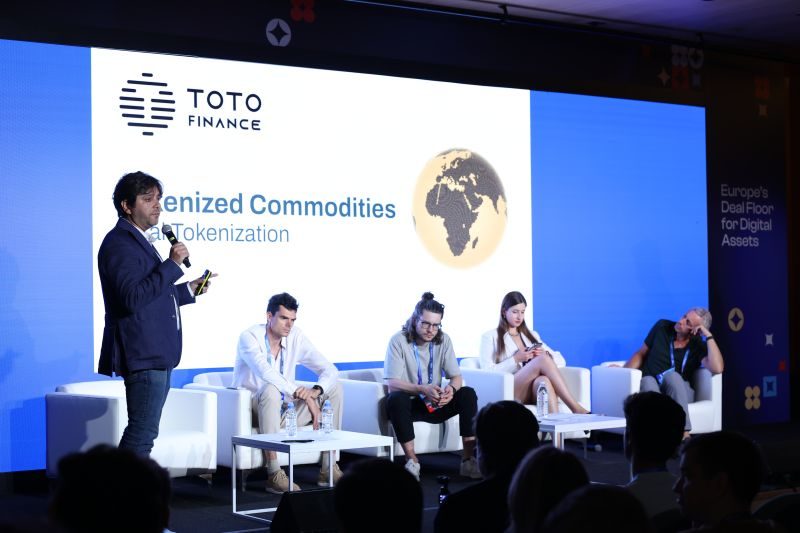 Toto Finance CEO Steven Gaertner presenting tokenized commodities at the European Blockchain Convention 2026 in Barcelona