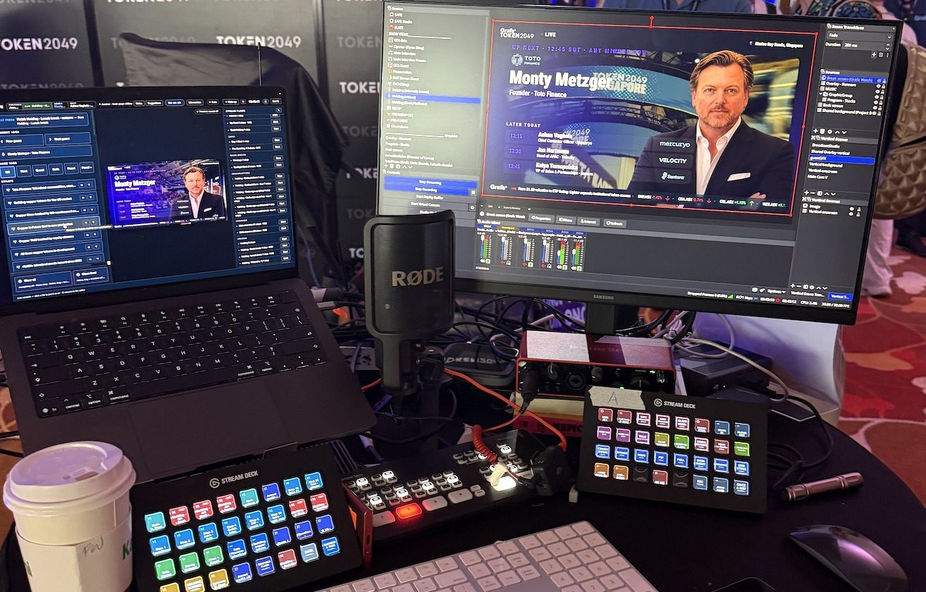Broadcast control desk at TOKEN2049 Singapore showing Monty Metzger, Founder of Toto Finance, up next in the live interview program